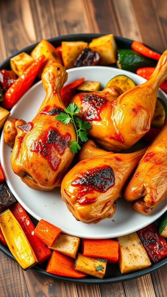 Spicy roasted drumsticks with colorful vegetables on a rustic wooden table.